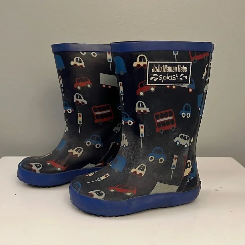 Jojo Maman Bebe Splash Kids' Black Blue Cars Rubber Rain Boots Size 5